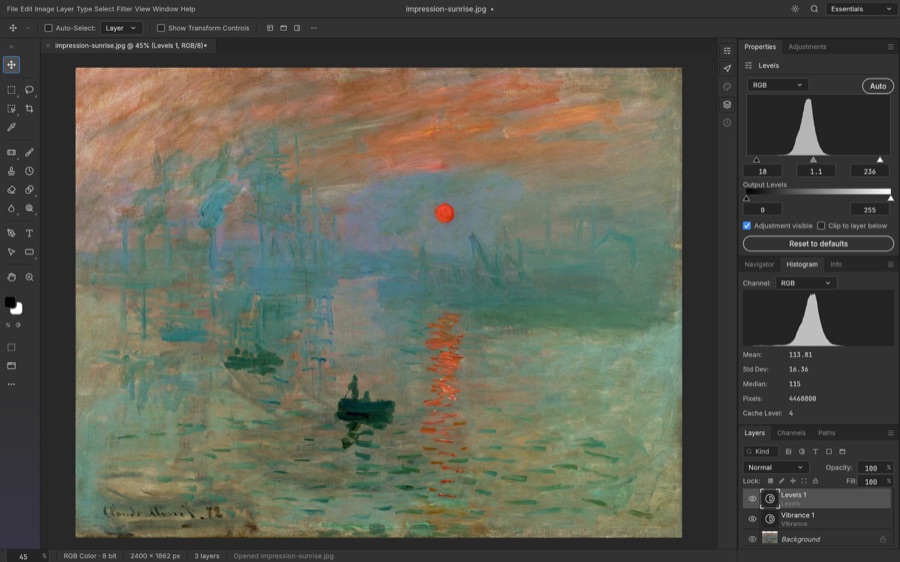 Official PhotoCraft screenshot showing Levels and Vibrance adjustments on Monet artwork