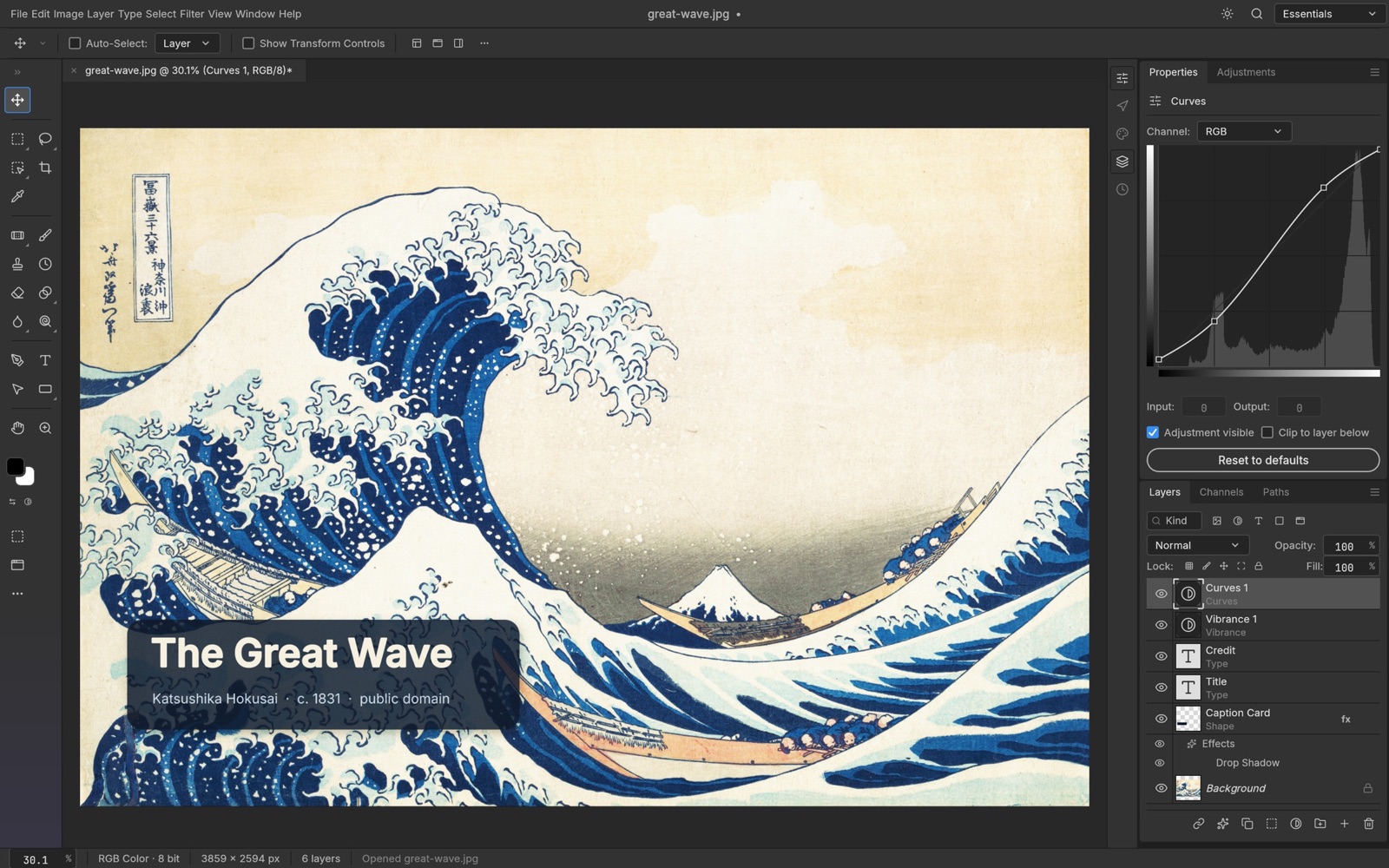 Official PhotoCraft interface editing The Great Wave with text, layers and Curves controls