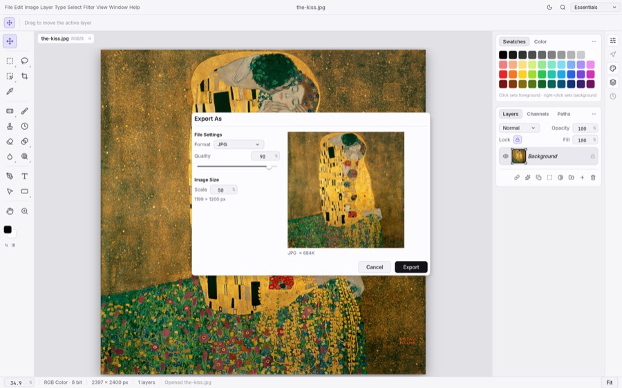 Official PhotoCraft screenshot showing Export As controls and a preview of Klimt artwork