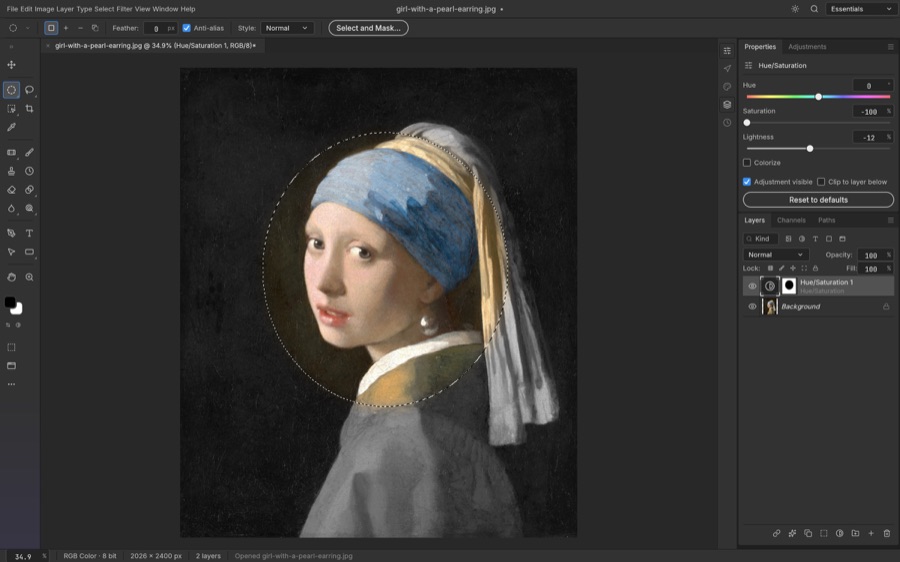 Official PhotoCraft screenshot showing a mask and Hue Saturation adjustment on Vermeer artwork