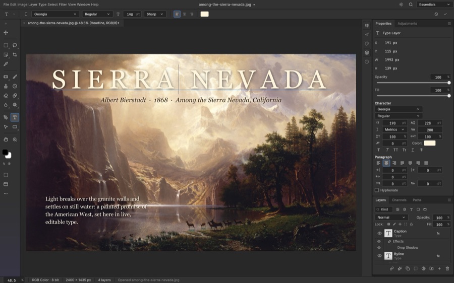 Official PhotoCraft screenshot with editable headline and paragraph text on Bierstadt artwork