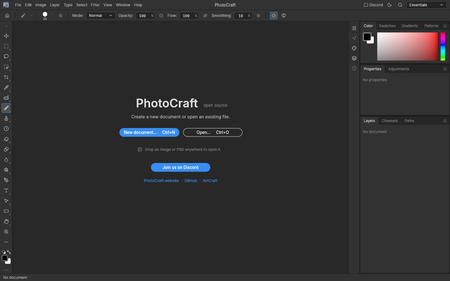 PhotoCraft v0.7.0 welcome screen with New document and Open buttons centered on a dark workspace.