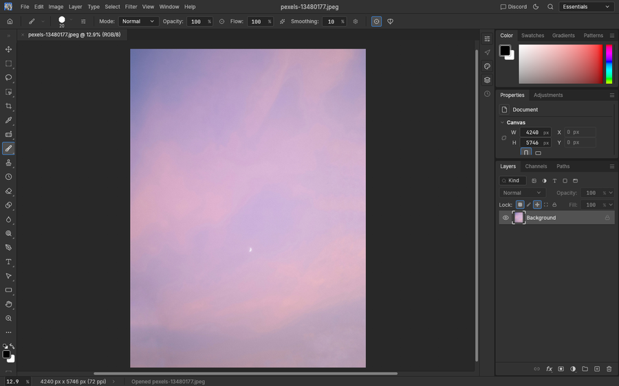 The pastel sky practice photo opened in PhotoCraft; the Layers panel shows one Background layer.