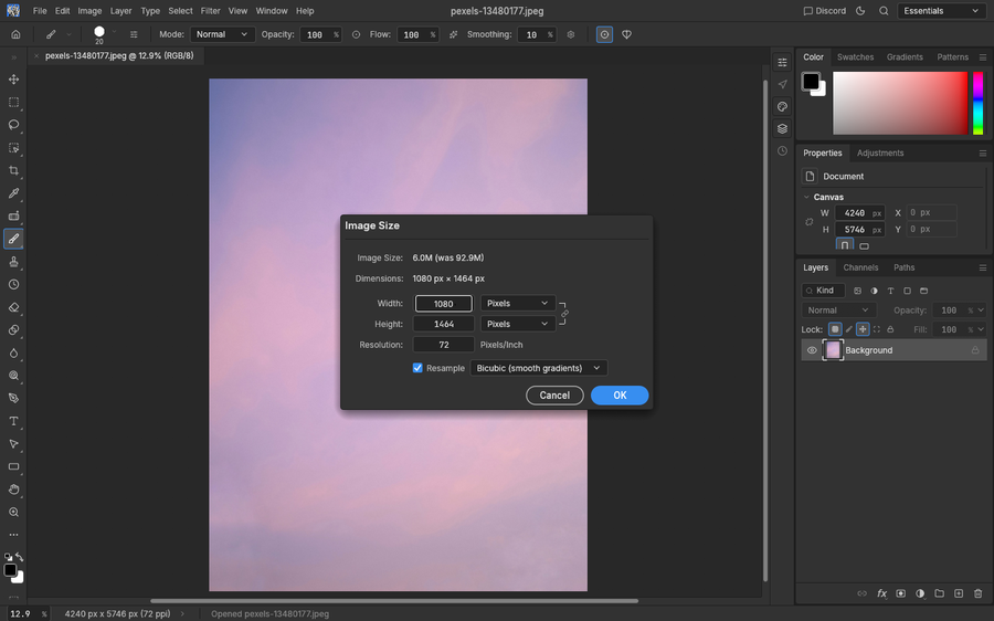 The Image Size dialog with Width set to 1080 and Height auto-updated to 1464.