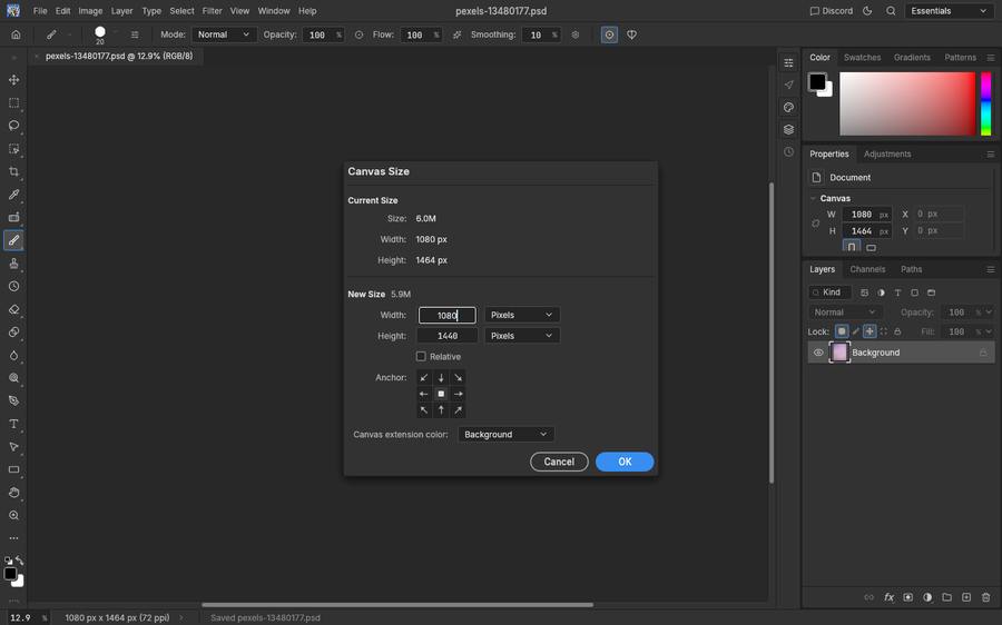 The Canvas Size dialog with Width 1080 and Height 1440 entered.