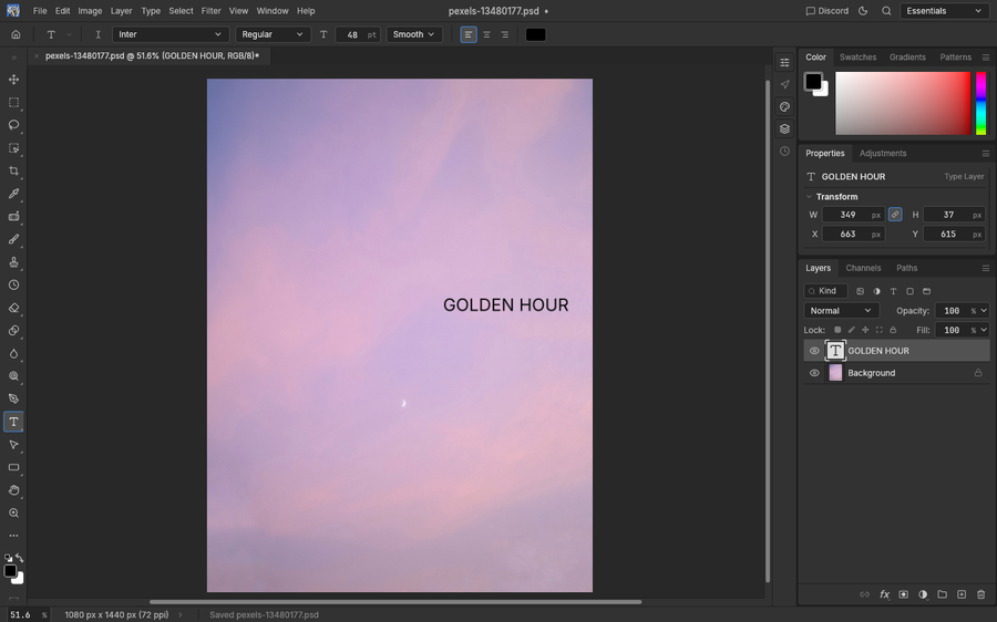 The title GOLDEN HOUR typed on the pastel sky canvas with the Type tool active.