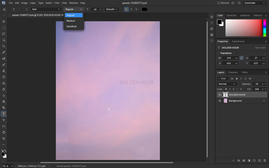 Final editor state: a 1080 x 1440 pastel sky cover with the GOLDEN HOUR text layer listed in the Layers panel.